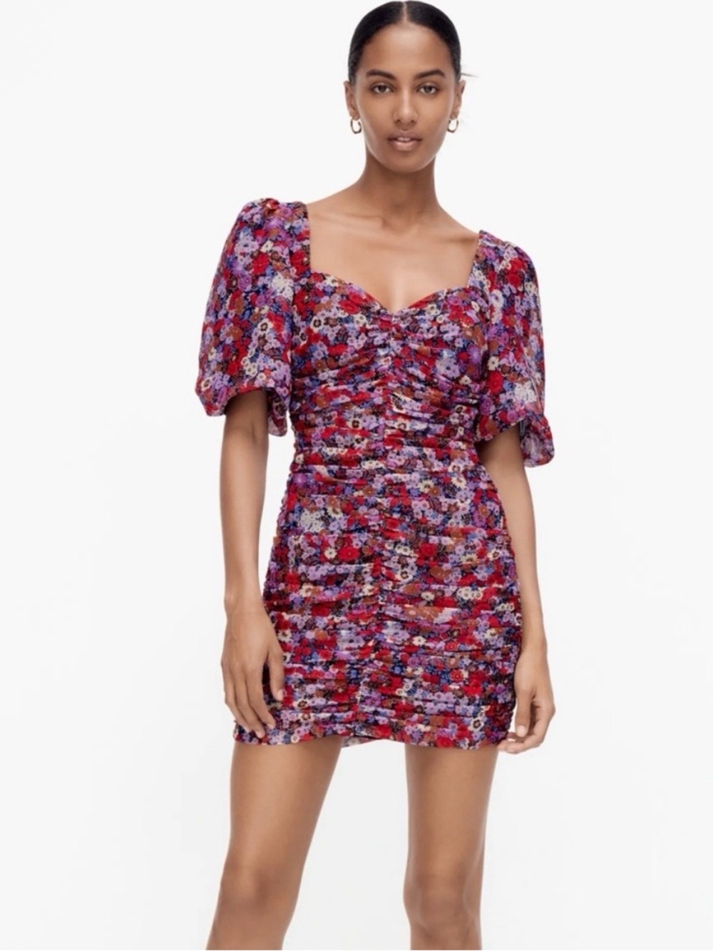 Zara Floral Printed Dress Draping Floral Ruched Puff-Sleeve Mini-Size Medium